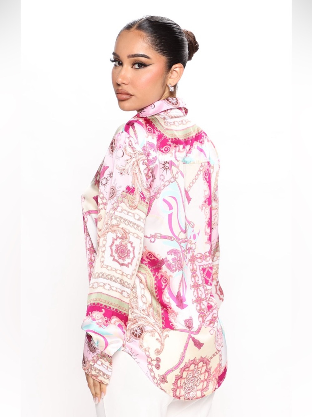 Fashion Nova Spending Spree Satin Button Down Blouse | Pink/Combo - Picture 4 of 6